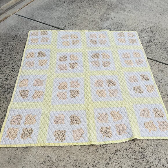 Handmade Quilt Large Throw Square Leaf Yellow White Brown Handcrafted